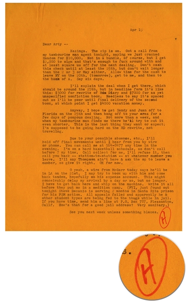 Hunter S. Thompson Letter Signed -- ''...Kazinga. The zip is on. Got a call from my tambourine man agent tonight, saying we just cracked Random for $10,000...''